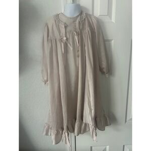 70s Vintage Girls Champagne Satin Nightgown and Robe Set Lace Trim Ribbon Bows